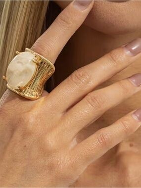 Gold Statement Ring with Cream Stone - Women Jewelry SIZE 7 & 8